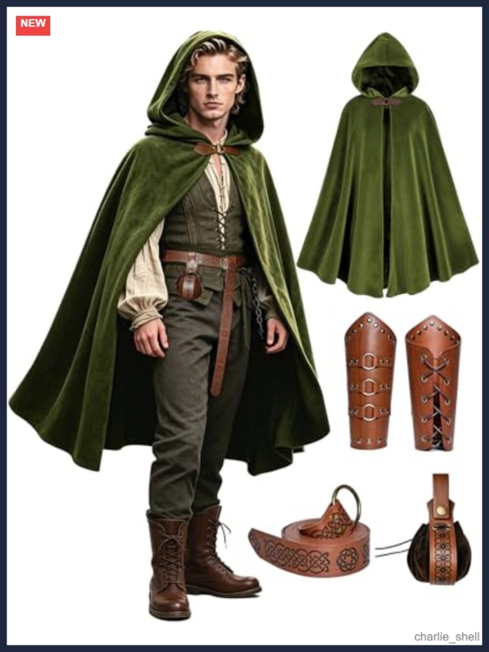 Men's Renaissance Hooded Cloak Costume Set with Belt Pouch Bracers